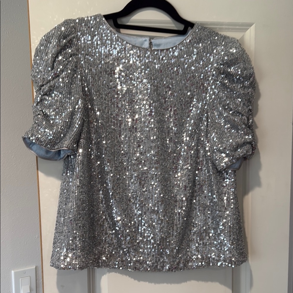 Anthropologie Silver Sequin Puff Sleeve Blouse